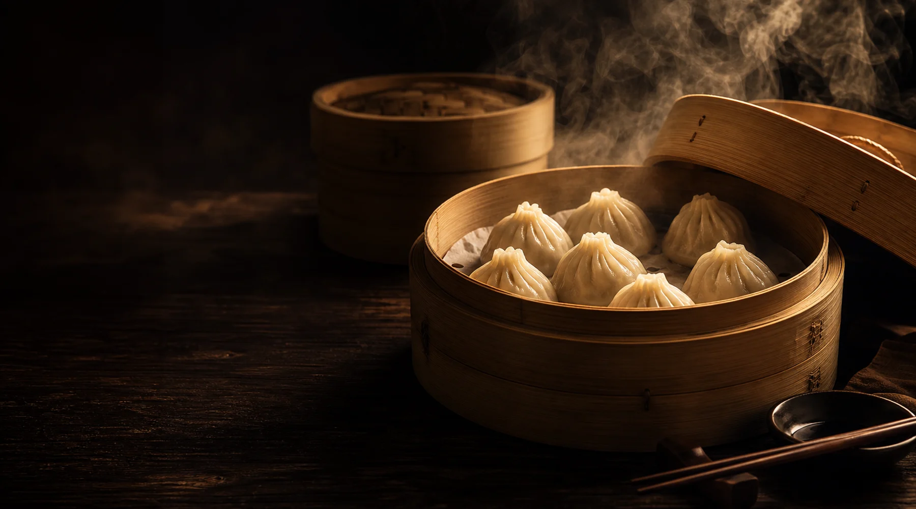深色木桌上冒着蒸汽的竹蒸笼和精致小笼包